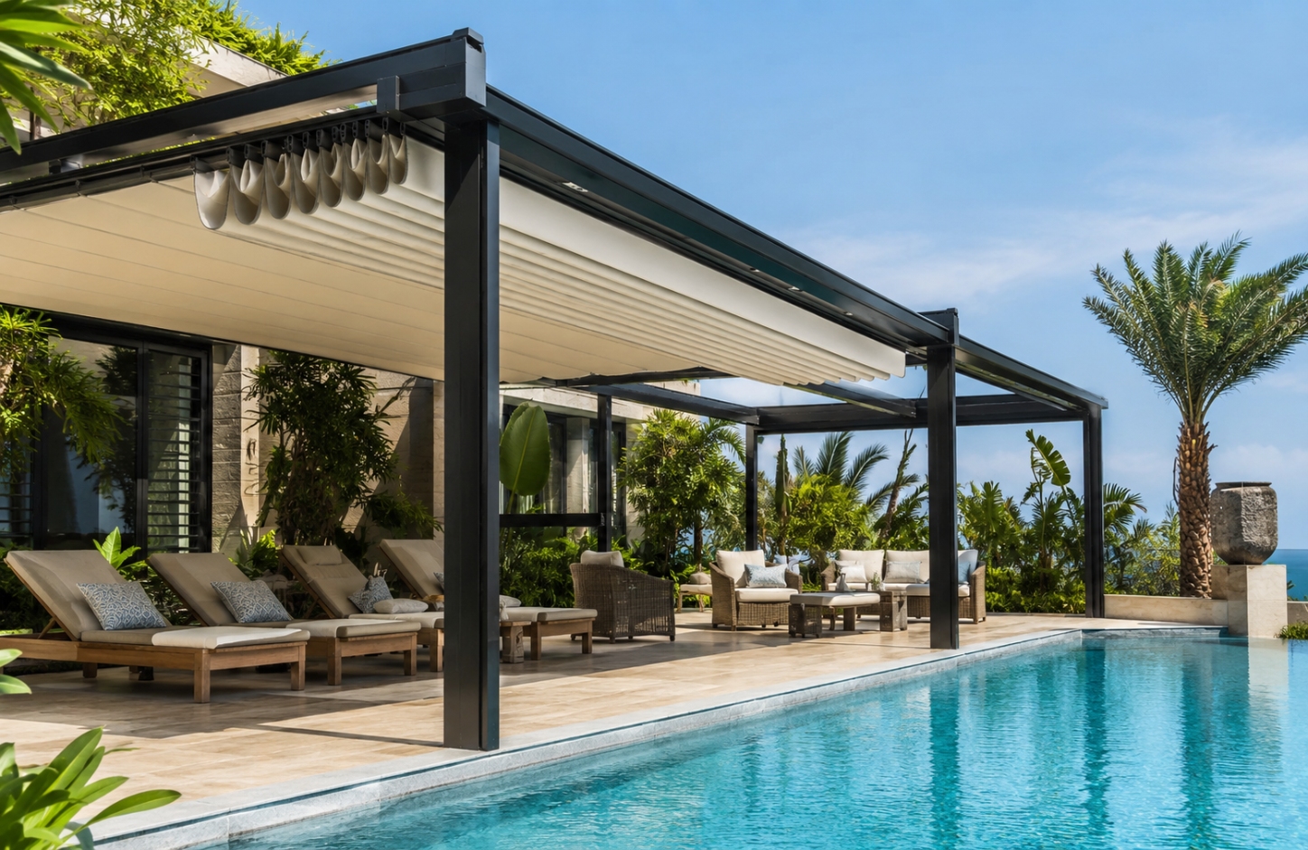 Retractable Roof Tensile Fabric Shed Poolside & Leisure Areas-1