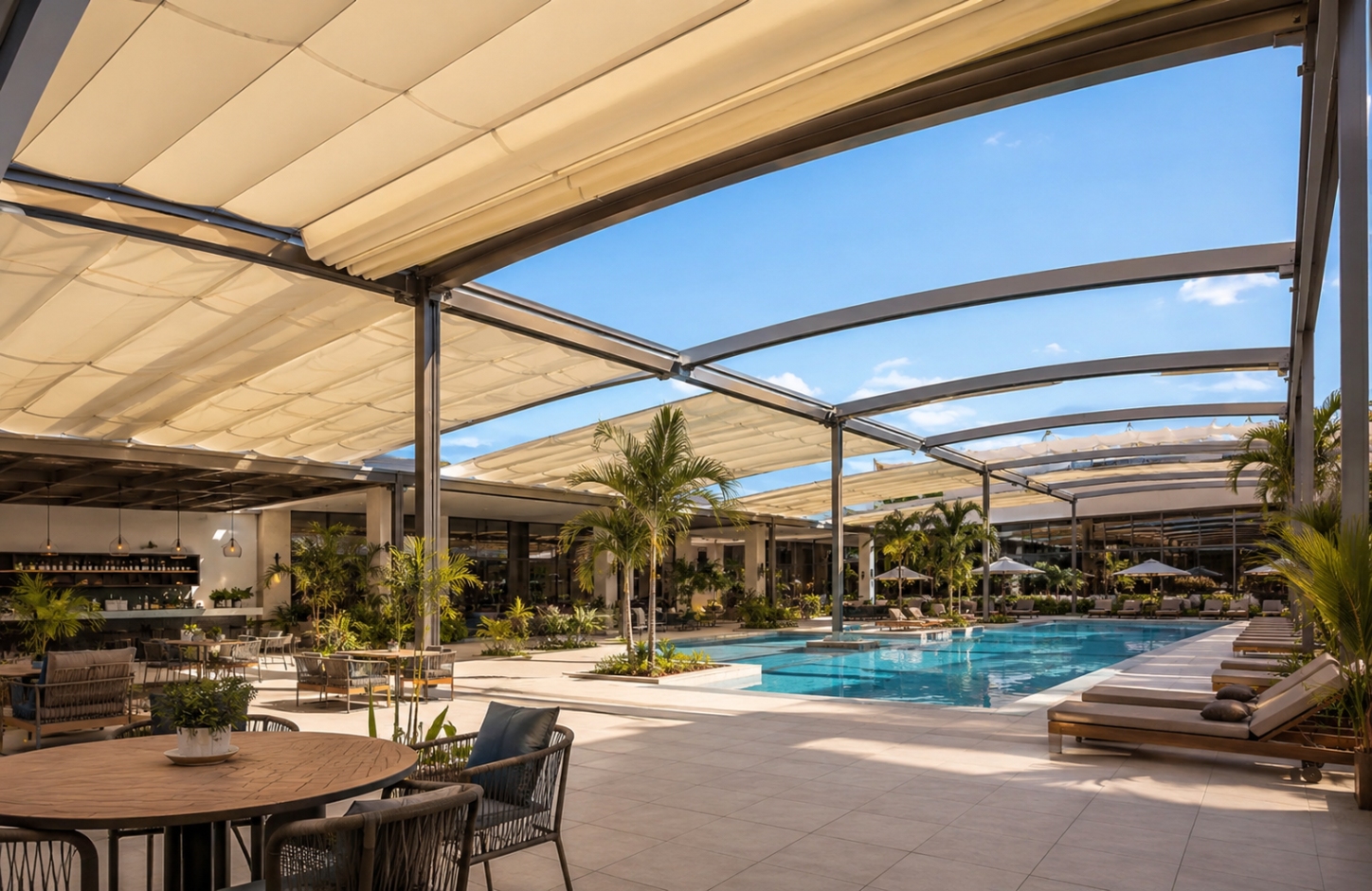 Retractable Roof Tensile Fabric Shed Poolside & Leisure Areas-2
